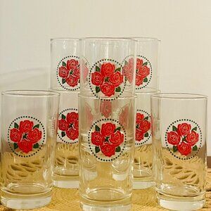 Vintage Set of Ten Red Rose Tumblers by Libbey Glass